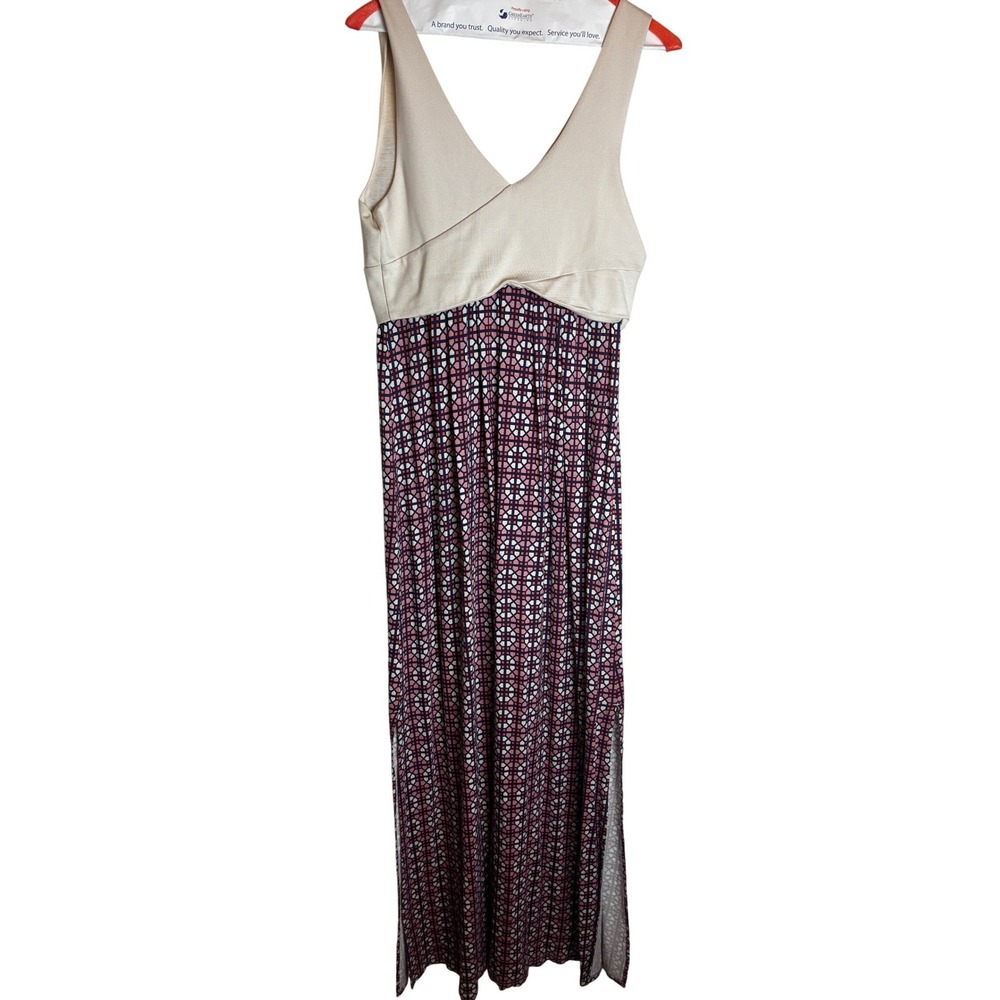 Maeve Anthropologie Womens Geometric Print Surplice Maxi Dress Cream Navy Red S